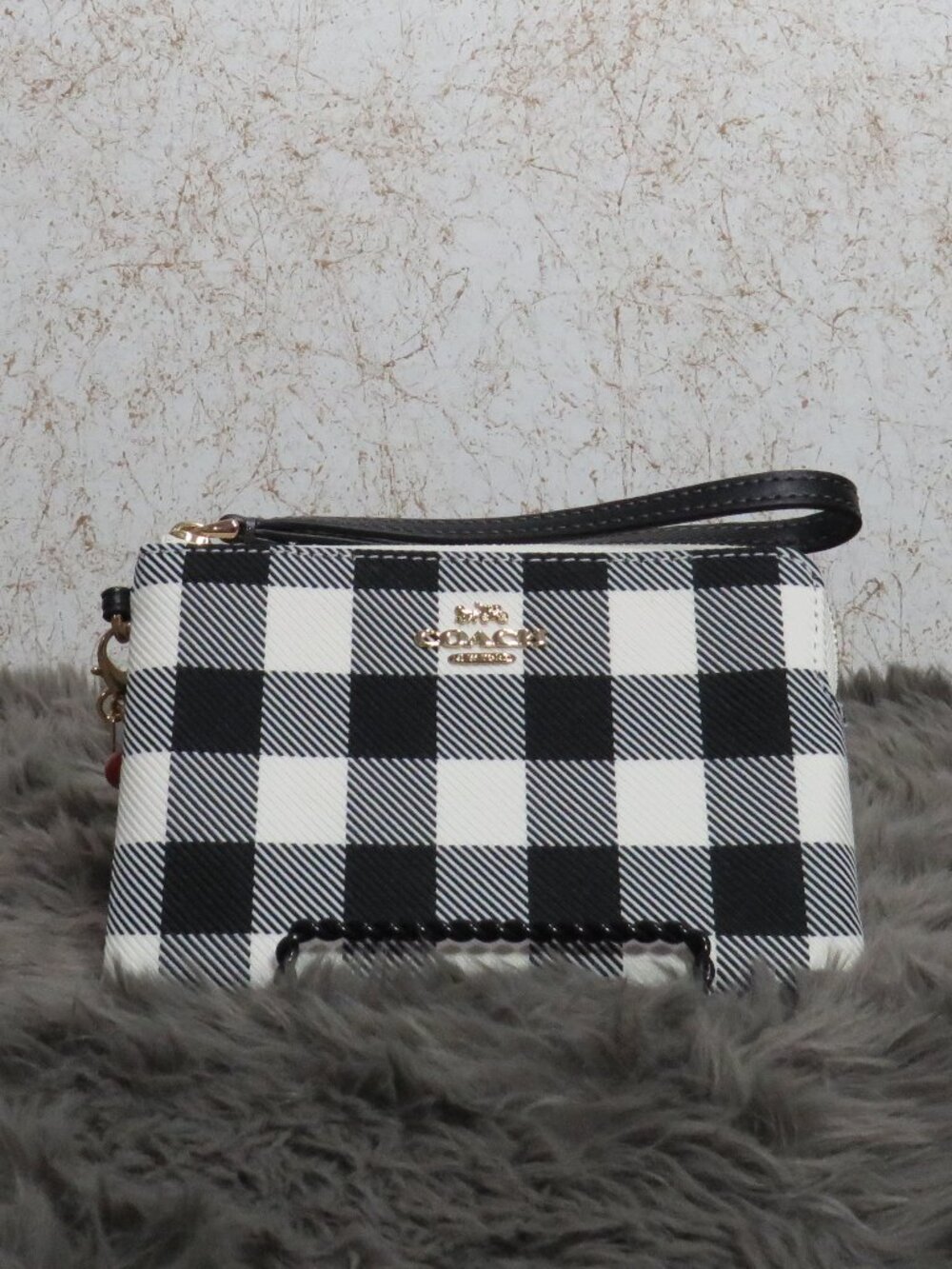 Coach Gingham Print Corner Zip Wristlet with Charms (Black/Multi)